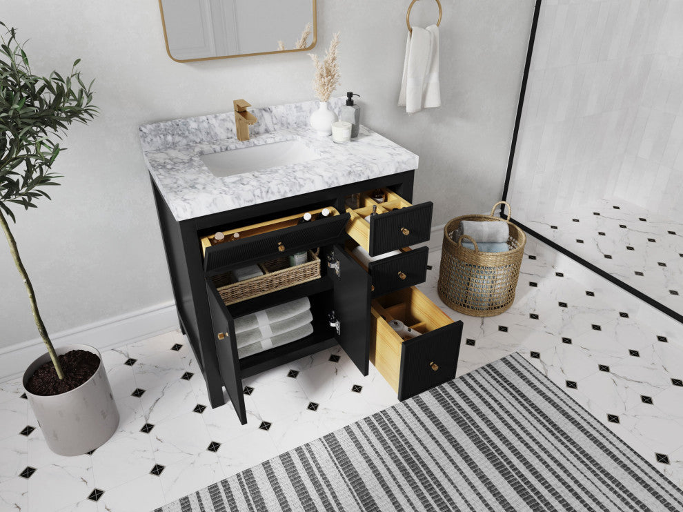 Sonoma 36 Left Offset Reeded Bath Vanity in Black 2" White Quartz