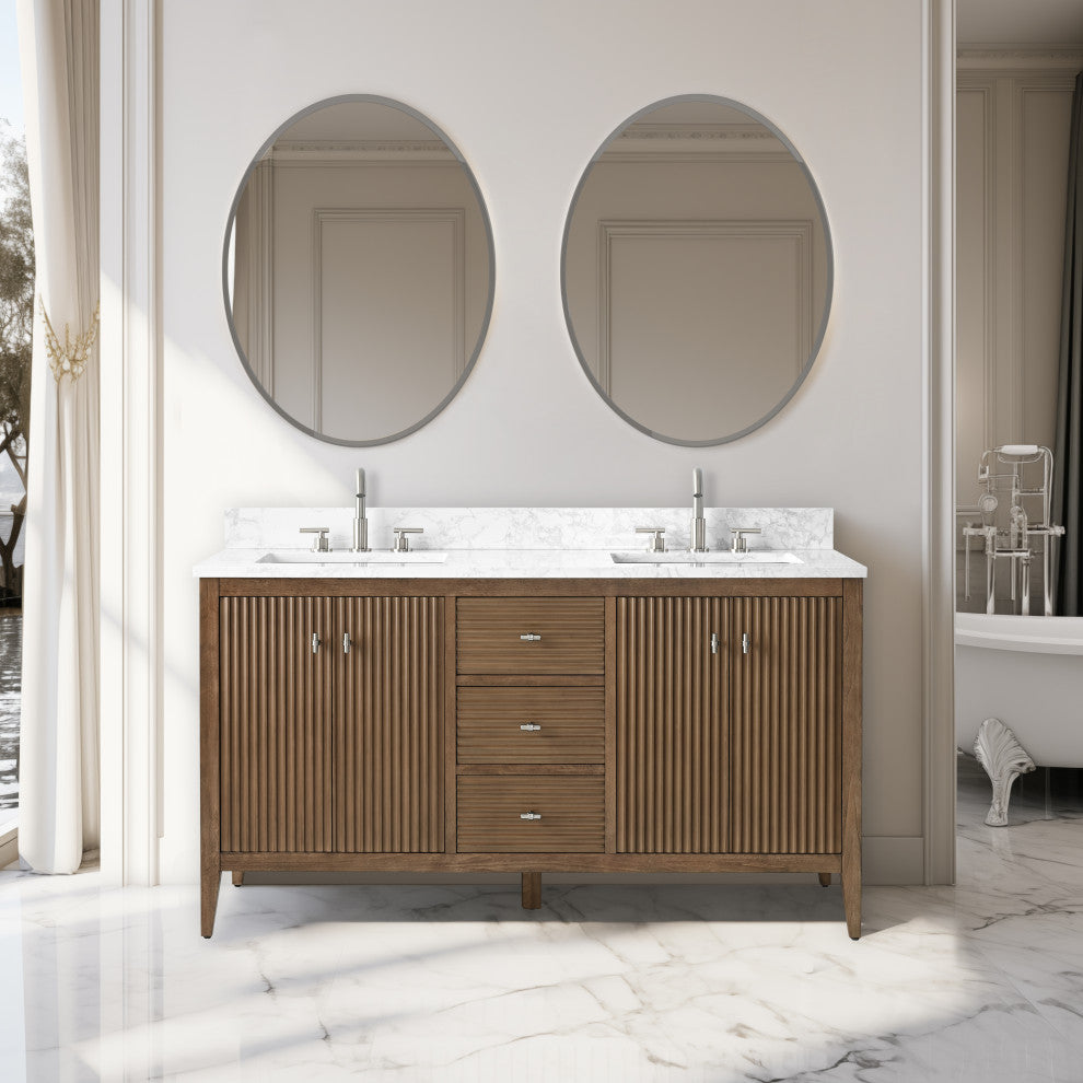 Vanity Art Freestanding Vanity, Walnut, 60", Double Sink, Brushed Nickel