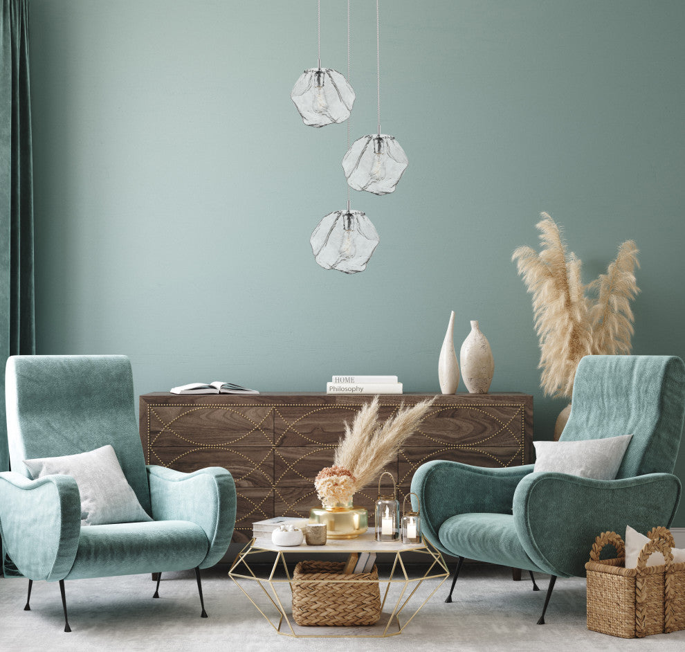 Boulder, 3-Light Cluster Pendant, Matte Chrome Finish, Clear Glass