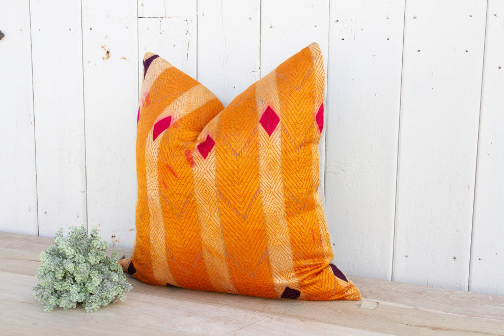 Orange Tango Silk Phulkari Pillow