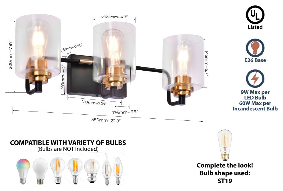 Lazzur Huisne 3 Light 23" Matte Black Wall Sconce