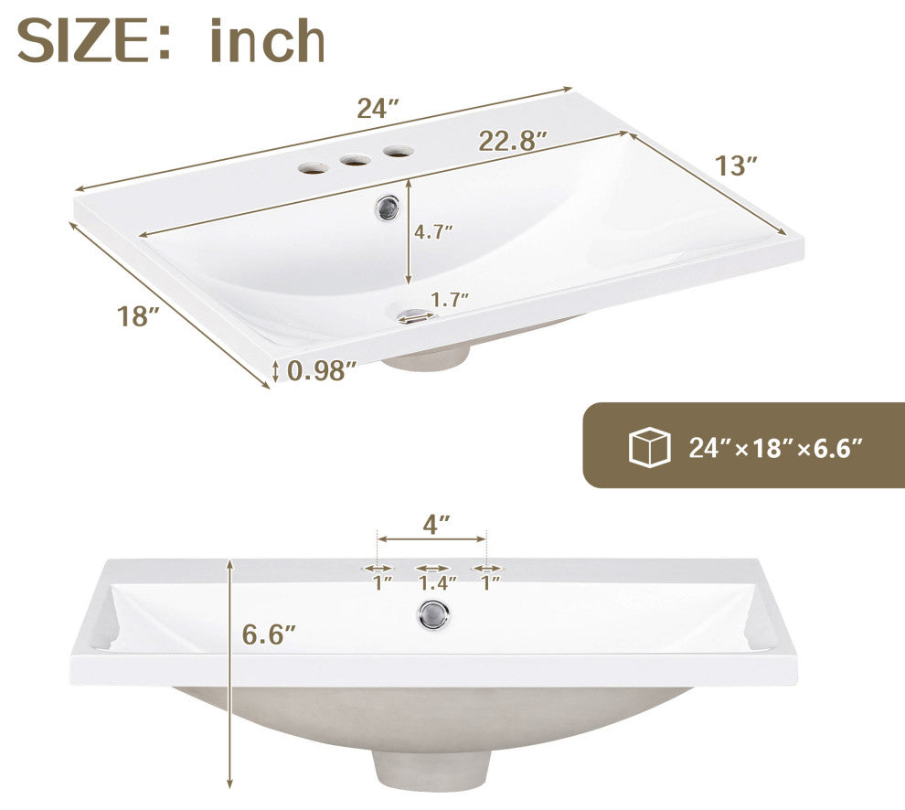 24" MDF Freestanding Bath Vanity Set, White Integrated Ceramic Sink
