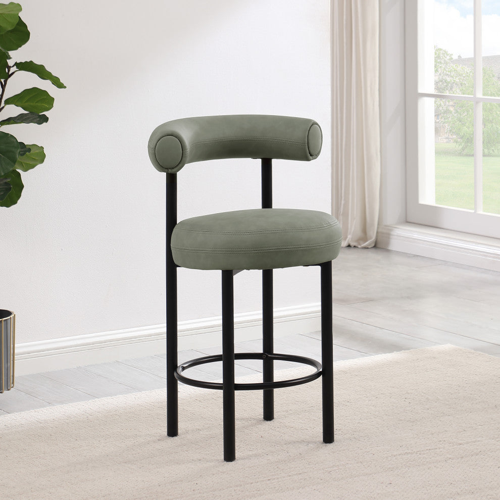 Bordeaux Upholstered Stool, Green, Vegan Leather, Matte Black, Set of 2