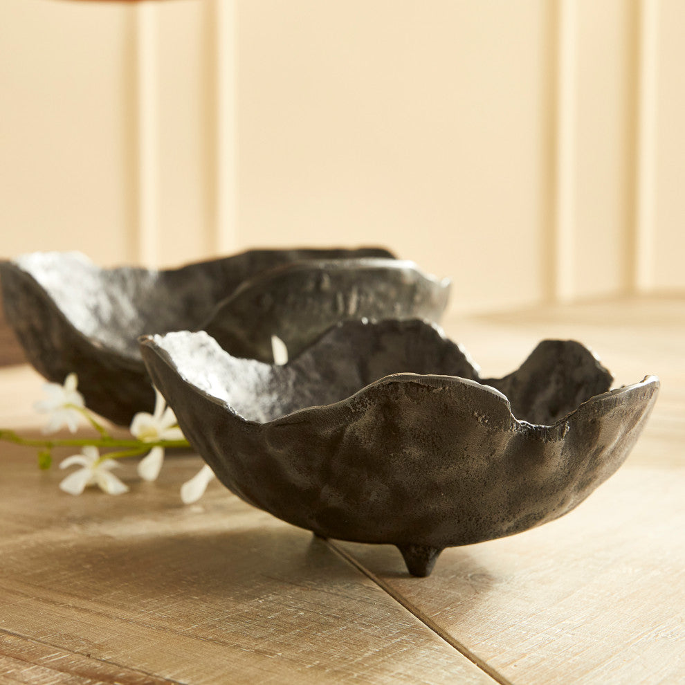 Set of 2 Free Form Dark Gray Decorative Bowls Organic Shape Modern Metal Round