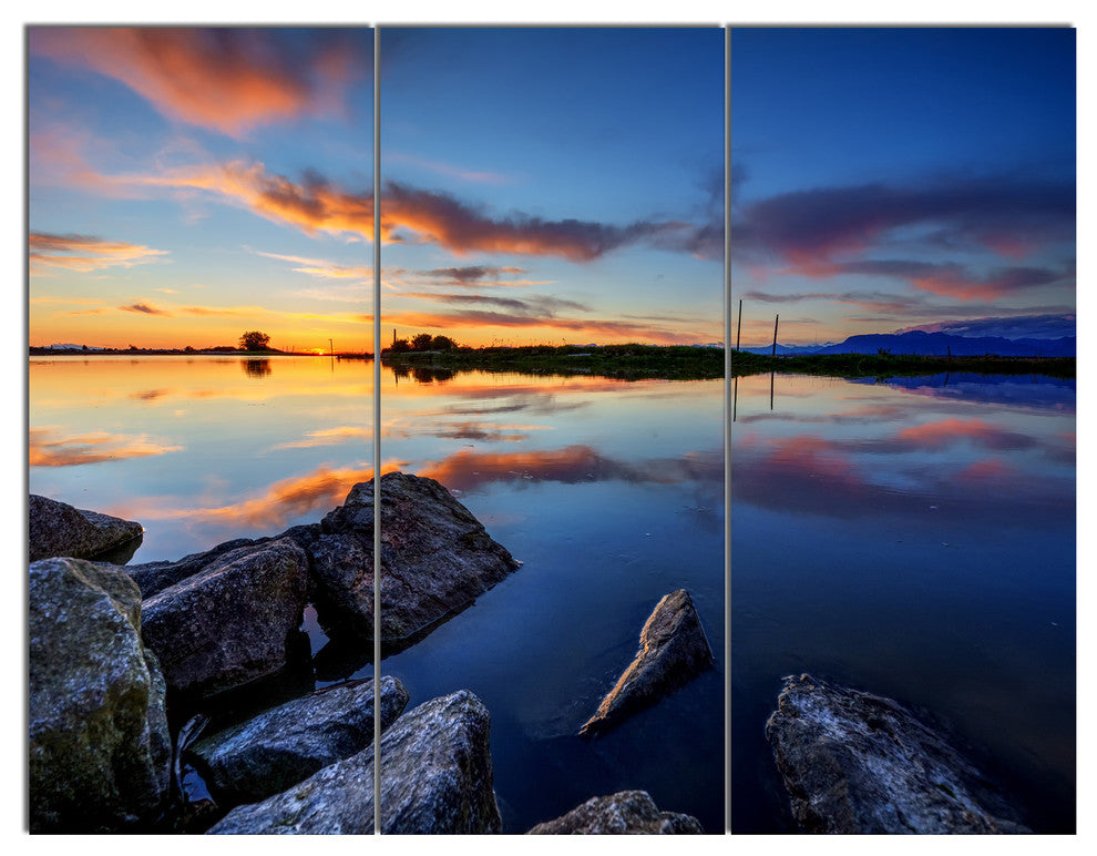 Beautiful Calm Water and Sunset, Landscape Triptych Canvas Art, 36x28, 3 Panels