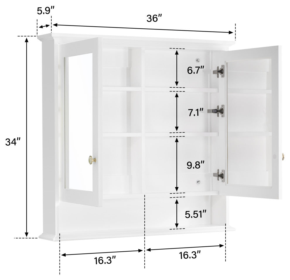 Handmade Wall-Mounted Medicine Cabinet, White, 36"x34", Double Doors