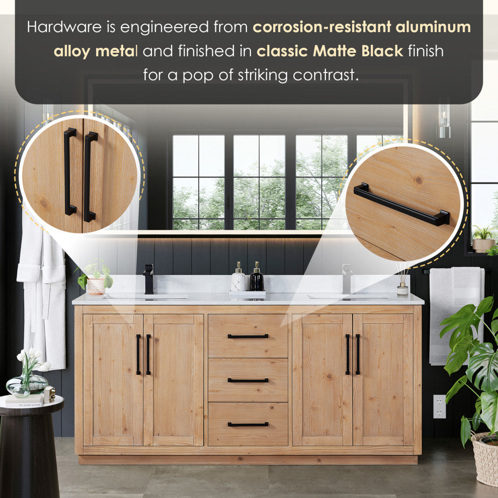 Cicero Vanity, Grain White Engineered Stone Countertop, Light Brown, 72", No Mirror