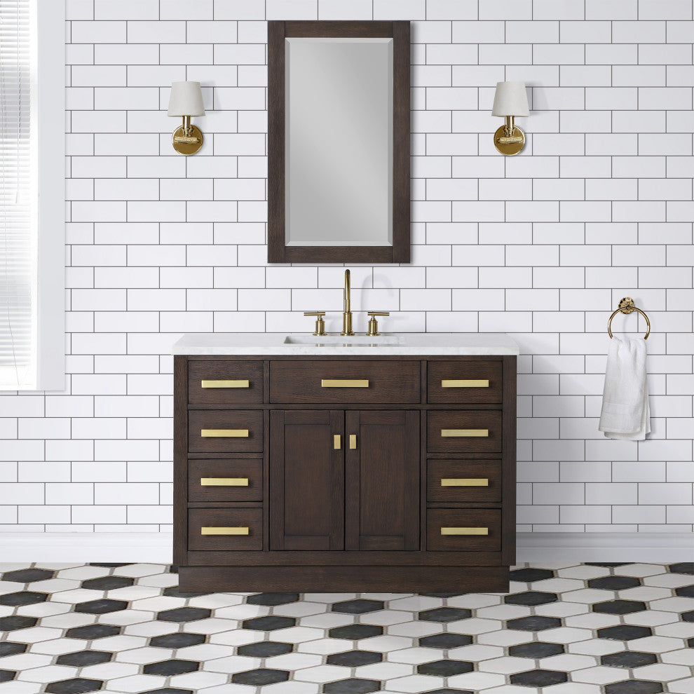 Chestnut 48" Bath Vanity, Brown Oak, Mirror, Satin Gold Hardware