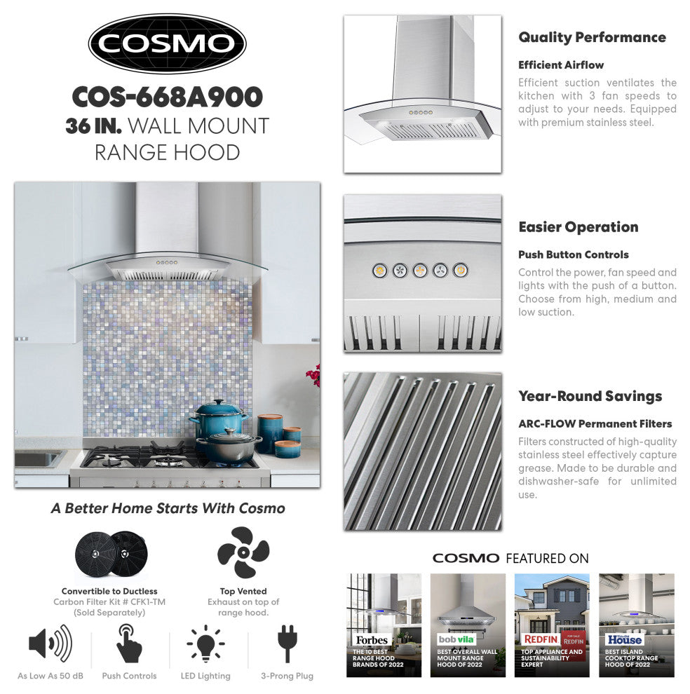 Cosmo 380 CFM Wall Mount Vent Range Hood With Permanent Filters & Glass Canopy, 36", Ductless