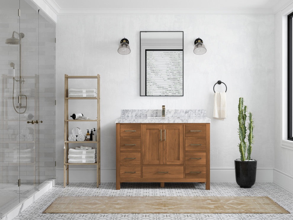 Malibu Teak 48 Single Sink Bath Vanity in Golden Teak 2" Carrara Marble
