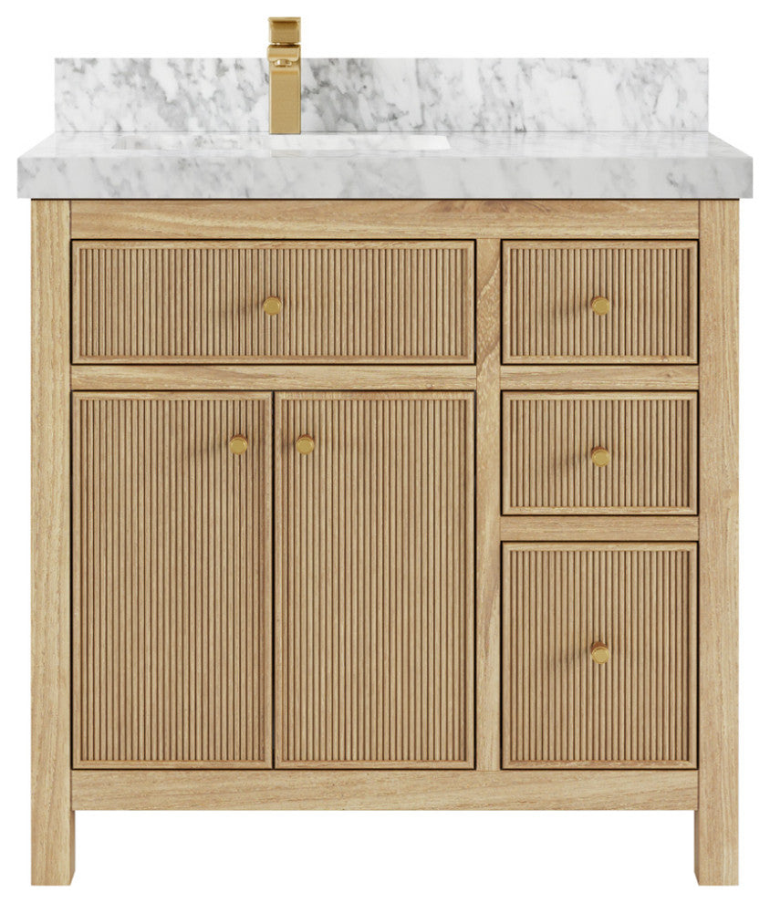 Sonoma 36 Left Offset Bath Vanity in Light Natural Teak with 2" Carrara Marble