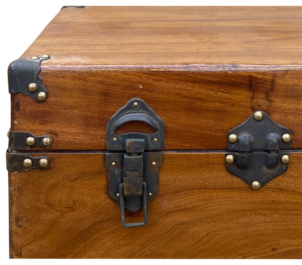 Vintage Oriental Chinese Brown Wood Iron Hardware Trunk Table Hcs7435