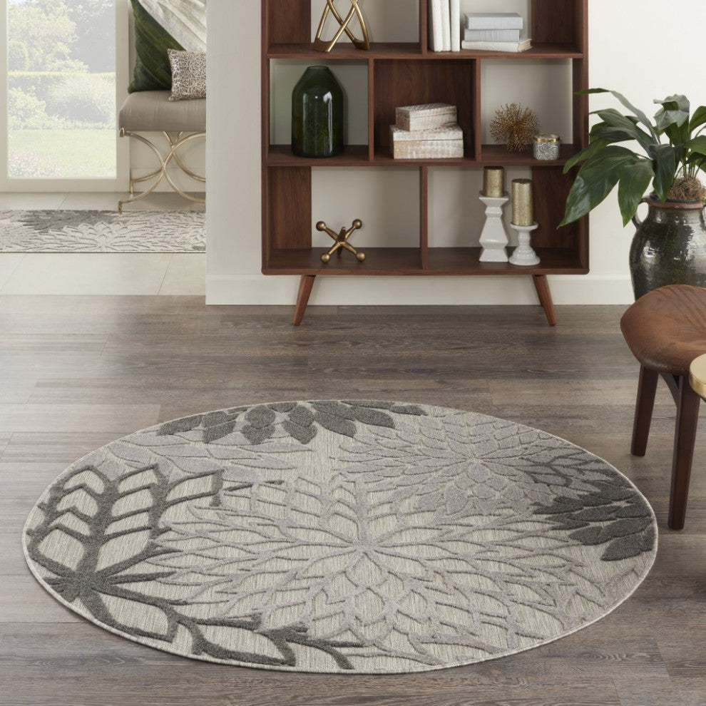5' Round Gray Round Floral Indoor Outdoor Area Rug