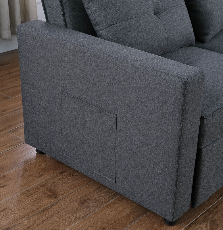 Zoey Linen Convertible Sleeper Loveseat With Side Pocket, Dark Gray