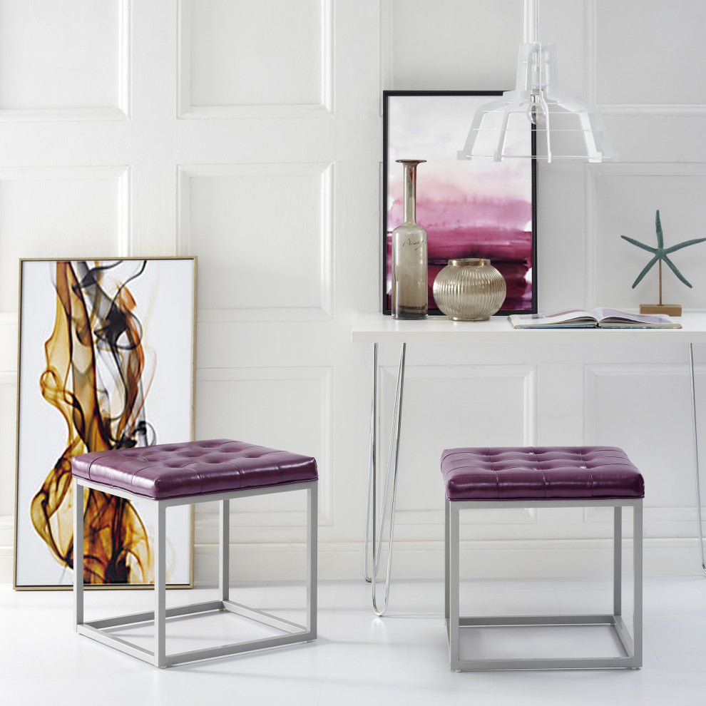 Teresa PU Leather Button Tufted Metal Frame Cube Ottoman, Purple