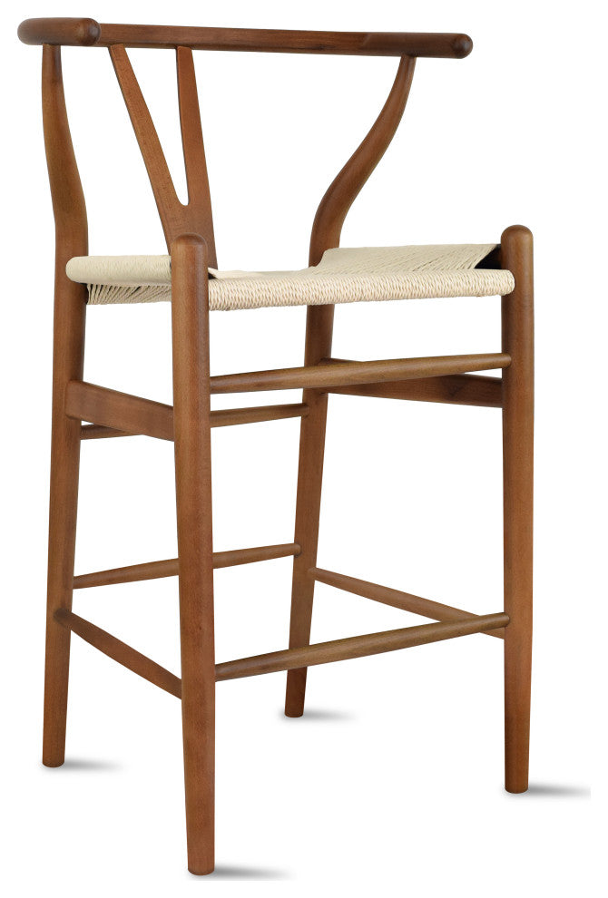 Set of 2 Wishbone Wood Elbow Barstool with Y Back, Woven Beige Seat, Espresso