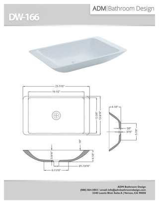 ADM Rectangular Countertop Sink, White, 23", Matte White