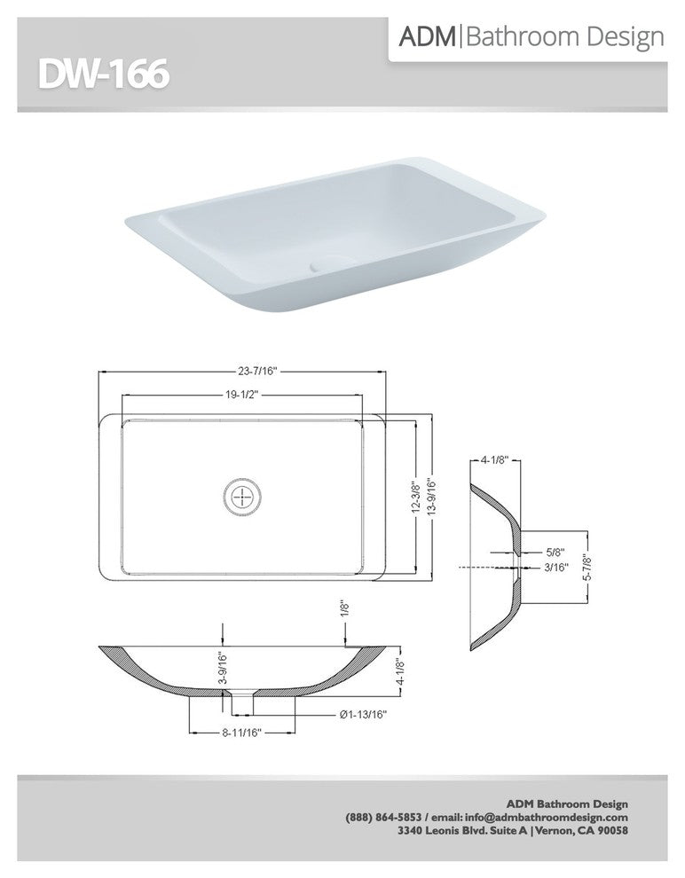 ADM Rectangular Countertop Sink, White, 23", Matte White