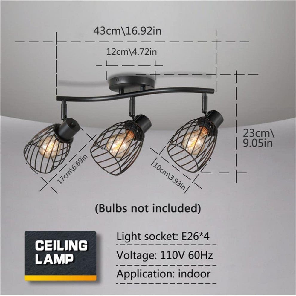 3 Light Semi Flush Mount, Farmhouse, Vintage, Cage, Black