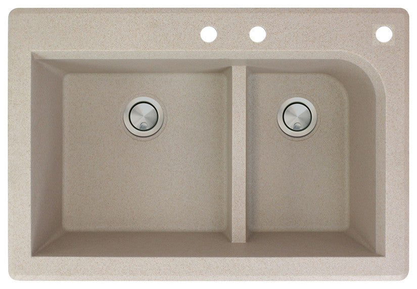 Radius 33" silQ Granite Double Bowl Kitchen Sink with 3 Holes in Cafe Latte