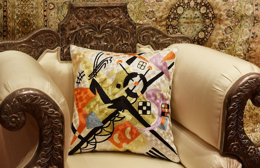 Kandinsky On White III Decorative Pillow Cover Handembroidered Art Silk 18x18"