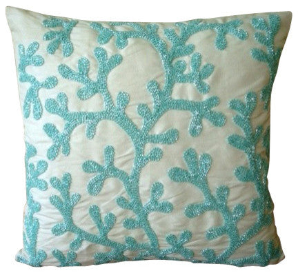 Sea Weeds Aqua Blue Throw Pillows Cover, Art Silk 16x16 Pillow Cover, Sea Weeds