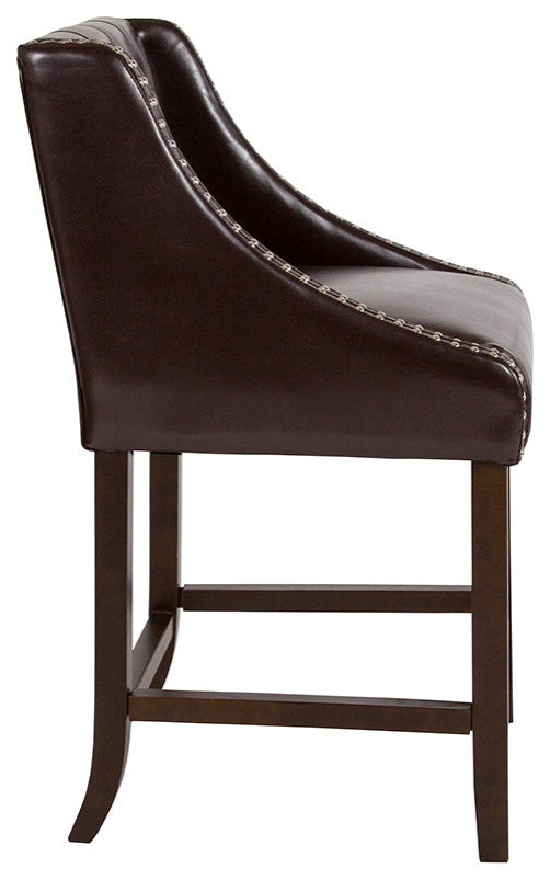 Tufted Walnut Counter Height Stool With Accent Nail Trim, Brown Leather
