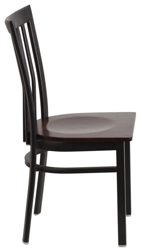 Black School House Back Metal Restaurant Chair, Walnut Wood Seat