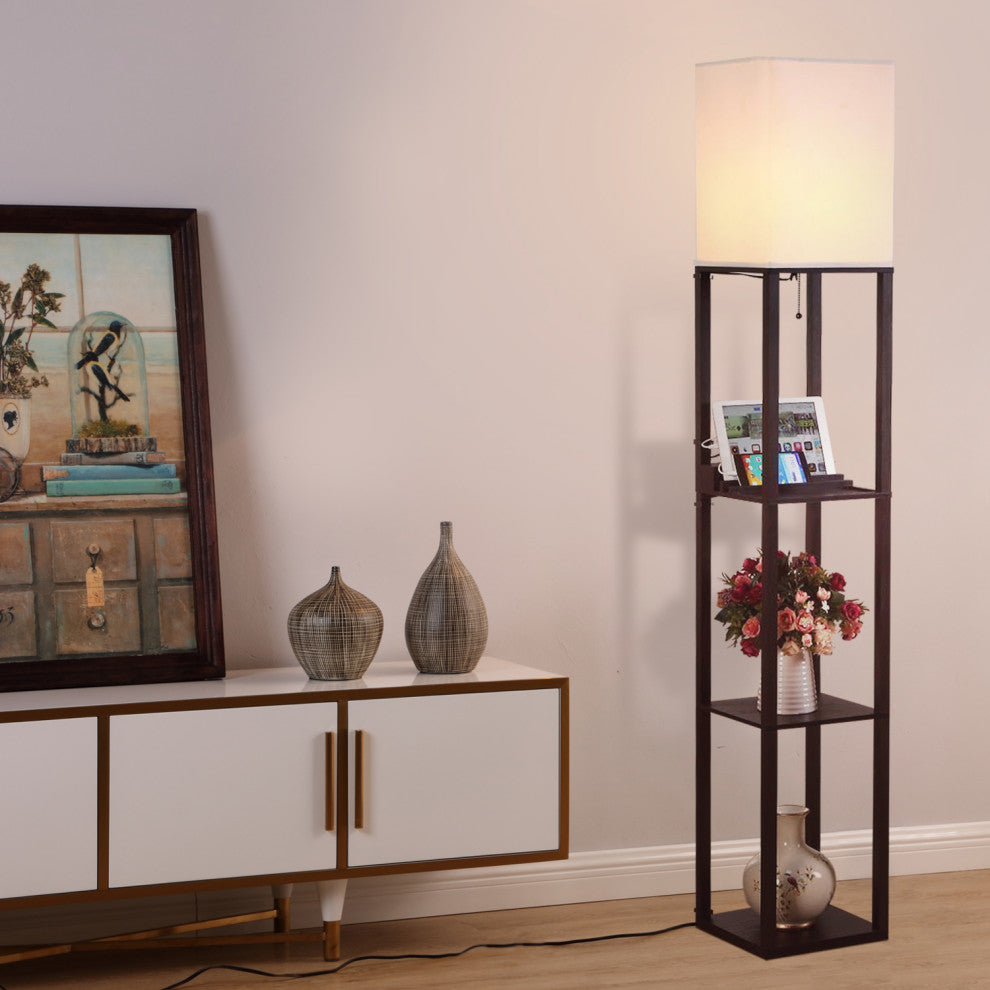 Brightech Maxwell Charger - Shelf Floor Lamp with USB Charging and Outlet LED, Classic Black
