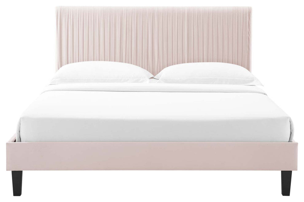 Platform Bed Frame, King Size, Velvet, Pink, Modern Contemporary, Bedroom Master