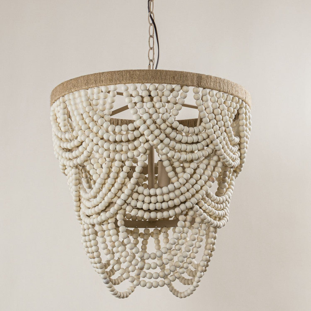 4-Light Farmhouse Wood Beaded Chandelier Candle Style