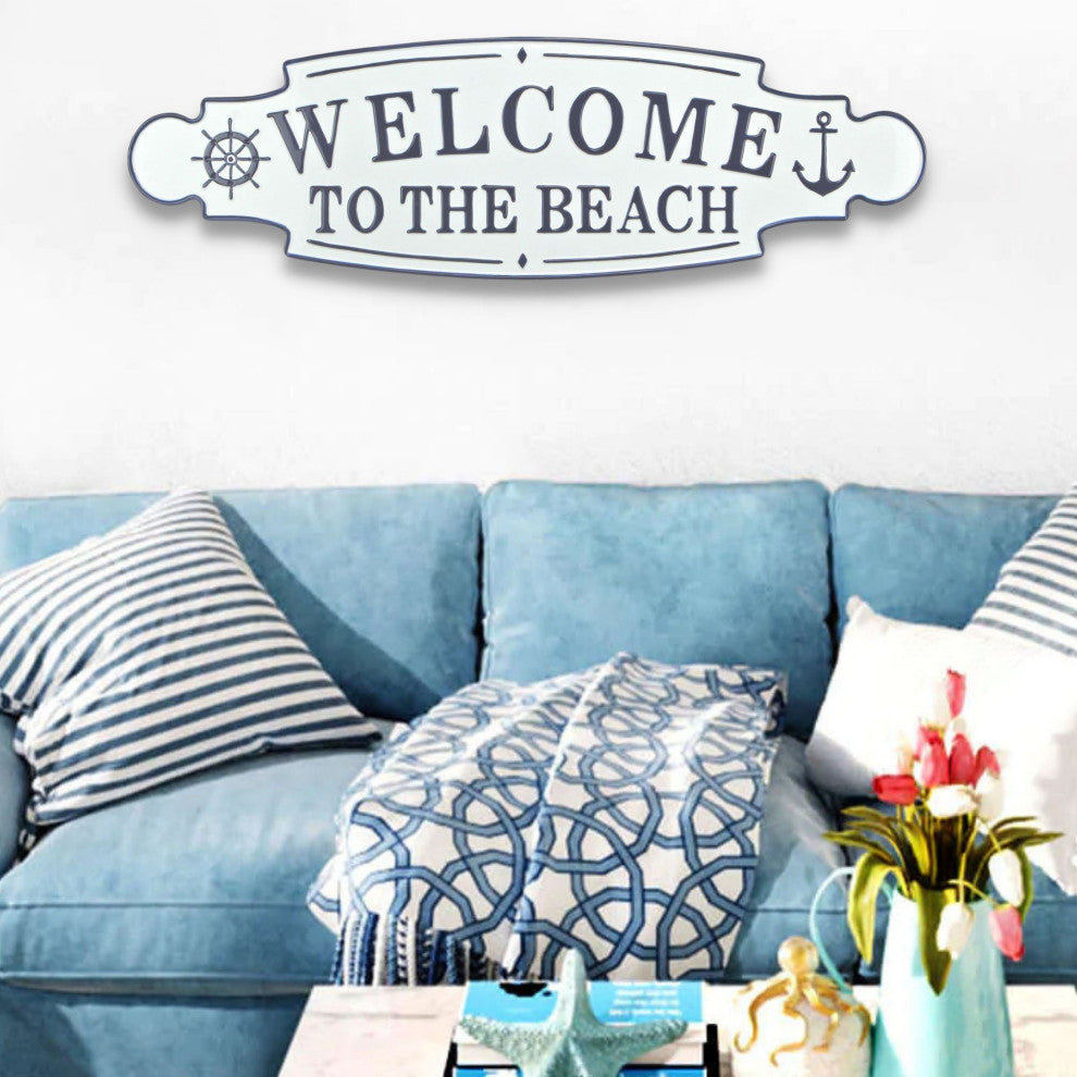 White and Blue Lacquered Finish Wall Sign, Welcome to the Beach