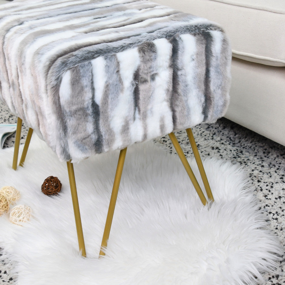 Multi Jacquard Faux Fur Ottoman, Grey, 19"x13"x7"