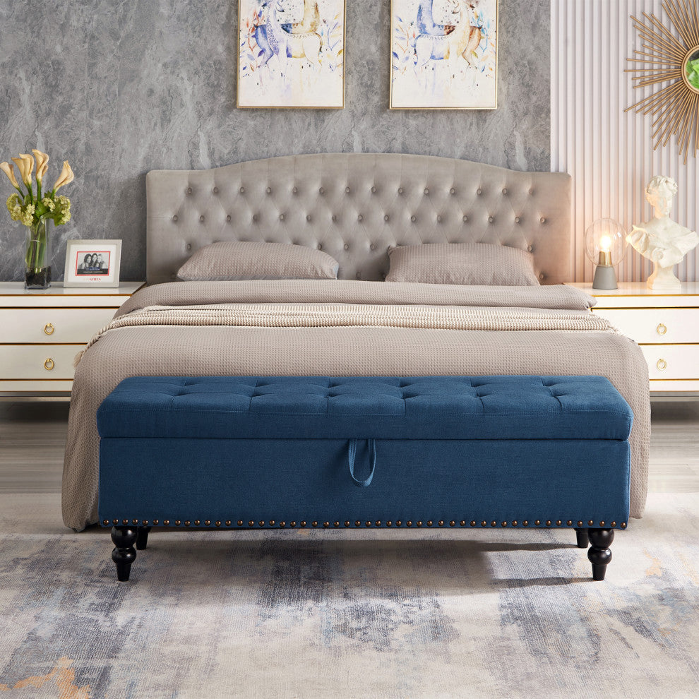 Gewnee 59" Fabric Button-Tufted Storage Ottoman Bench, Blue