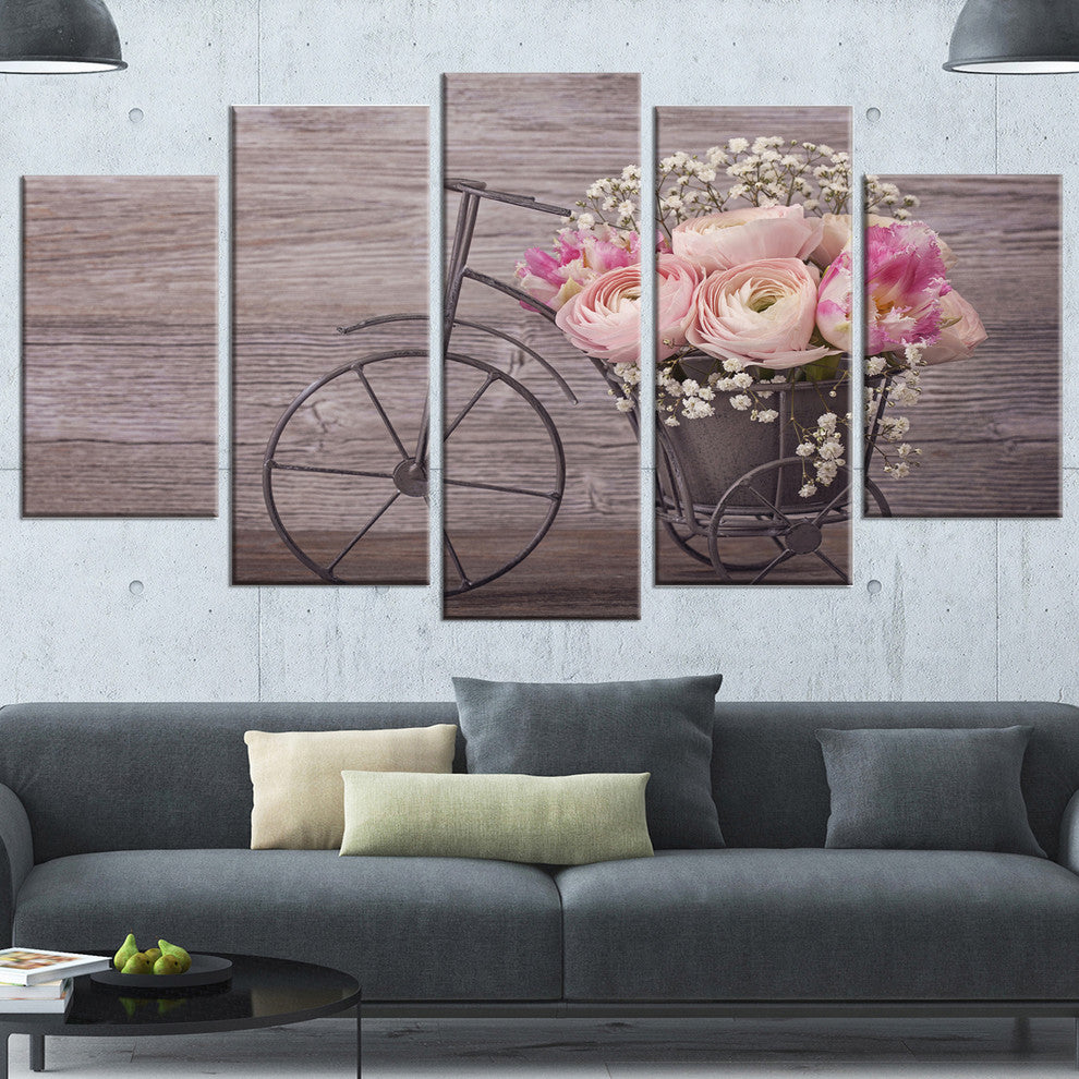 Ranunculus Flowers on Bicycle, Large Floral Canvas Art Print, 60"x32", 5 Panels
