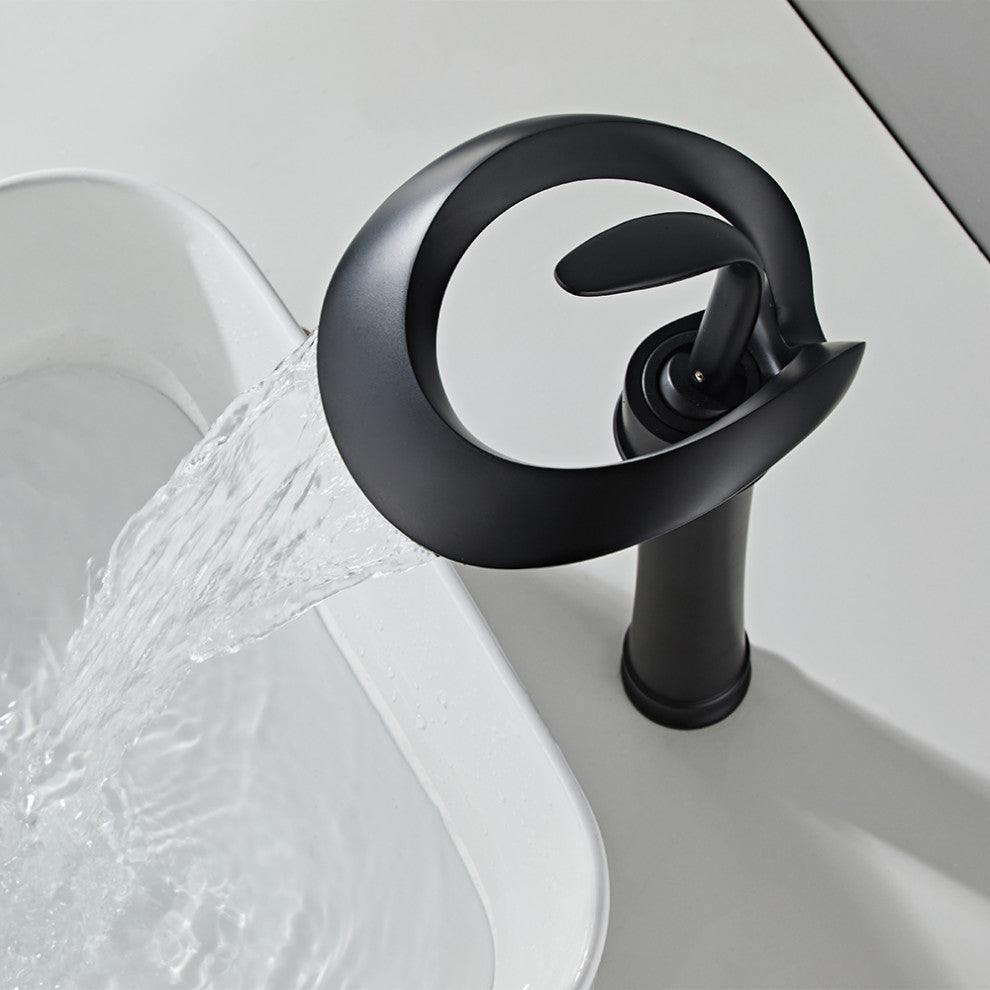 Elegant Waterfall Bathroom Faucet, Single Handle, Solid Brass, Black, Long
