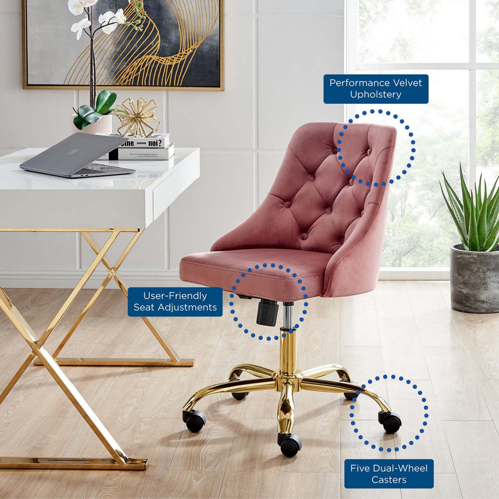 Computer Work Desk Swivel Tufted Chair, Velvet, Gold Pink, Home Business Office