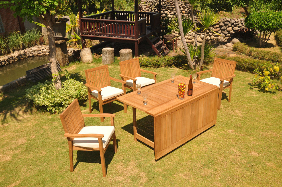 5-Piece Outdoor Teak Set: 60" Square Butterfly Table, 4 Leveb Stacking Arm Chair