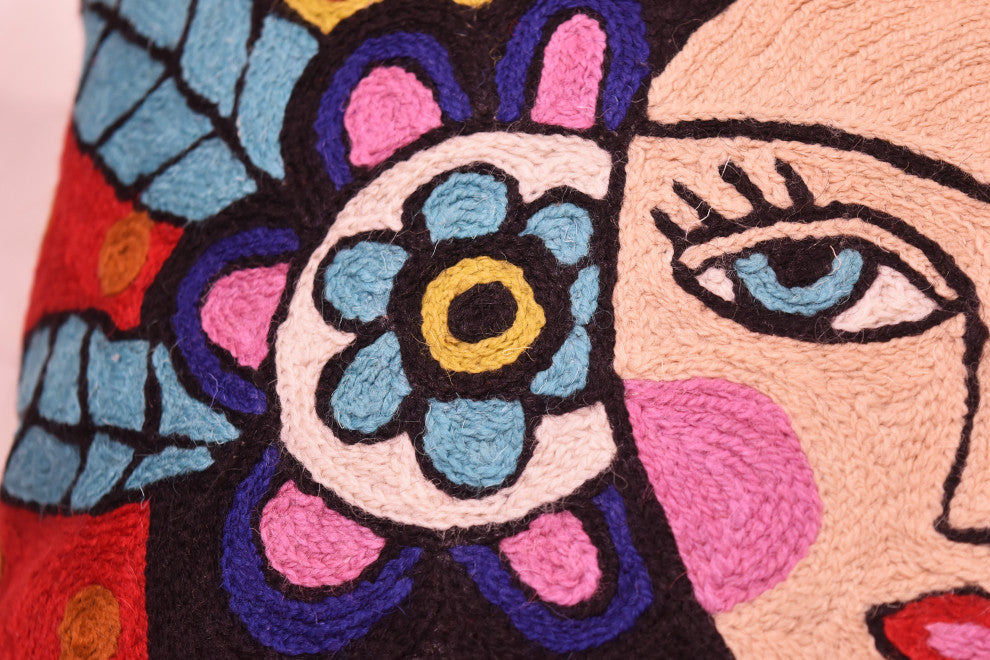 Frida Kahlo Inspired Pillow Cover Red Tiara Hand Embroidered Wool 18x18