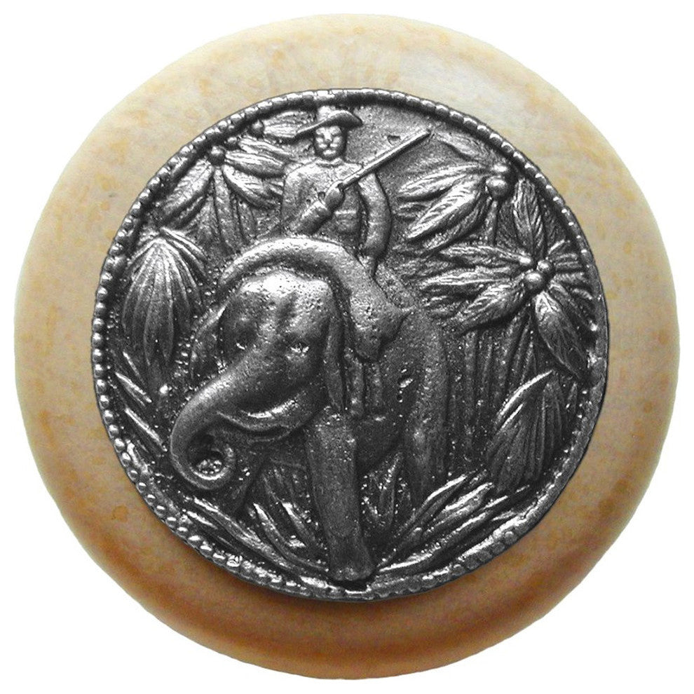 Jungle-Patrol Natural Wood Knob, Clear Finish With Antique-Style Pewter