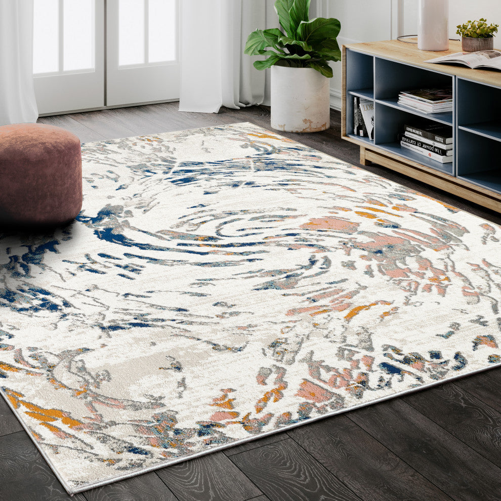 Abani Porto PRT120A Contemporary Swirl Light Blue and Burnt Orange Area Rug