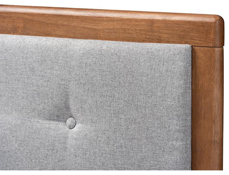 Light Grey Fabric Upholstered Walnut Brown Finished Wood King Size Headboard