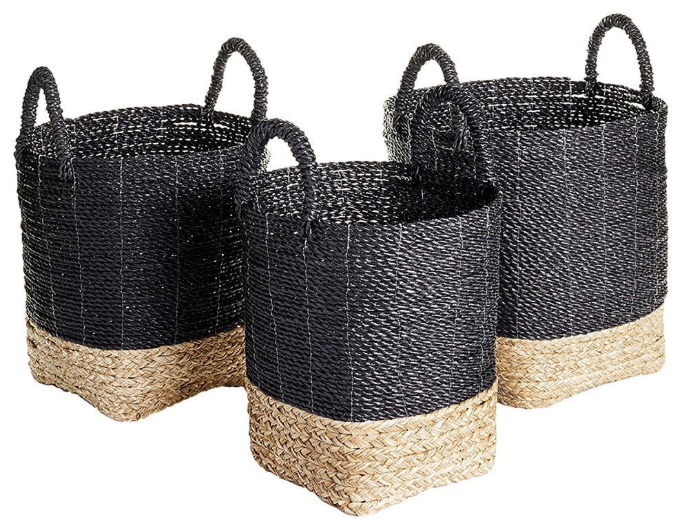 Set of 3 Contemporary Casual Natural Black Round Tote Baskets Handles Large