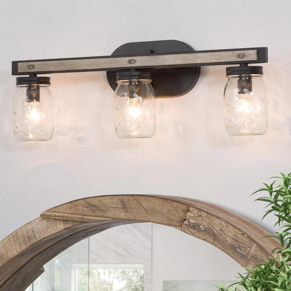 LNC Farmhouse 3-Light Bathroom Vanity Light with Mason Jar Shade and Wood Accent