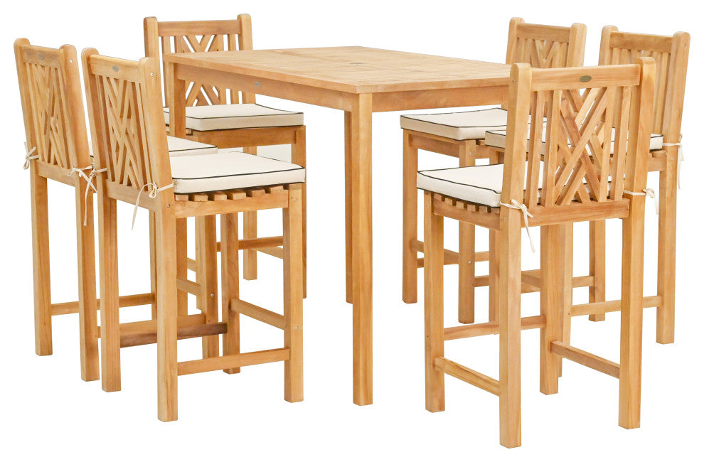7 Piece Teak Wood Chippendale 55" Rectangular Bistro Bar Set, 6 Bar Chairs