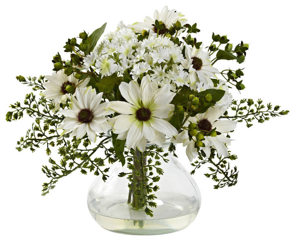 Mixed Daisy Floral Arrangement With Vase, White