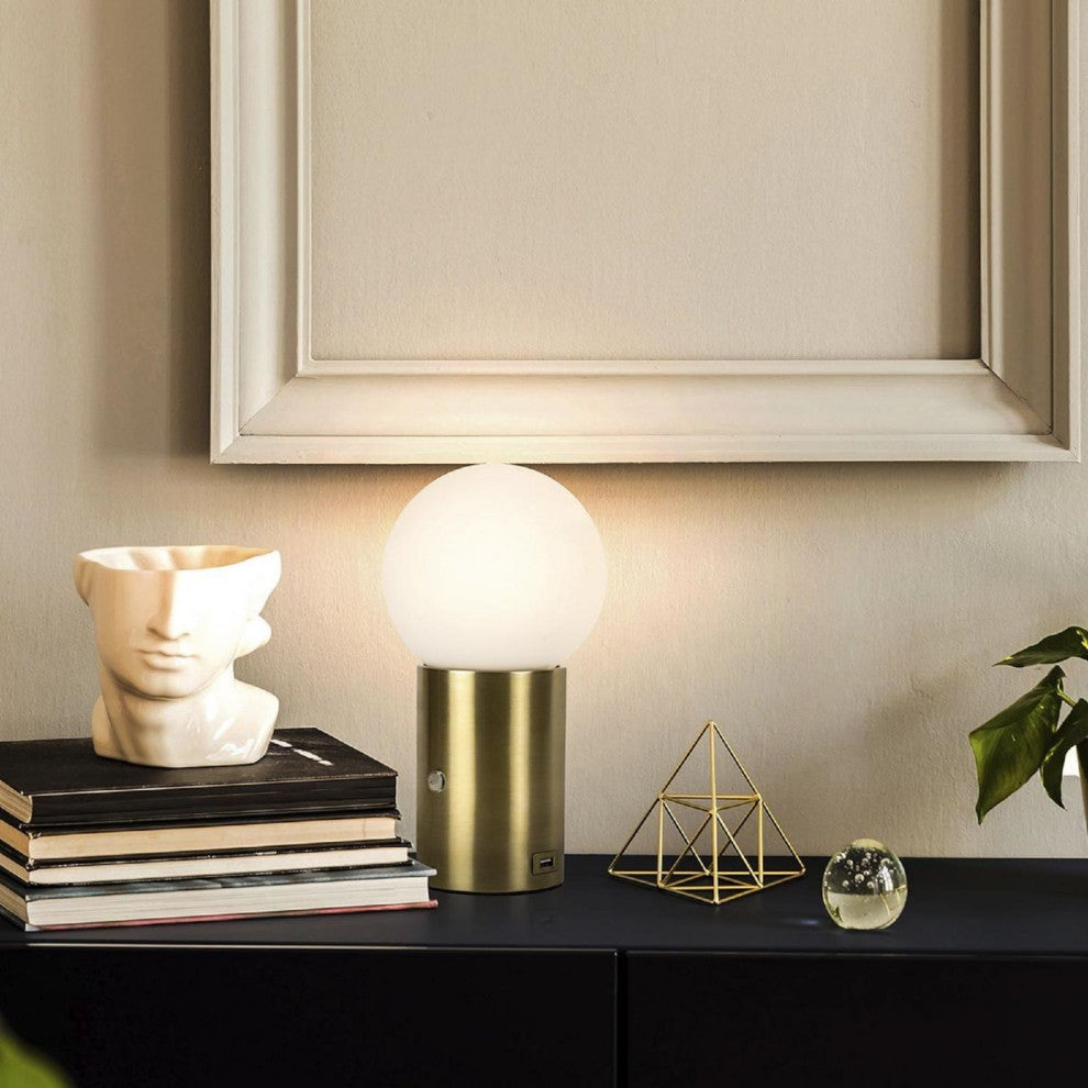 Brightech Kai LED Table Lamp with USB Port, Glass Globe Shade, Stunning Brass