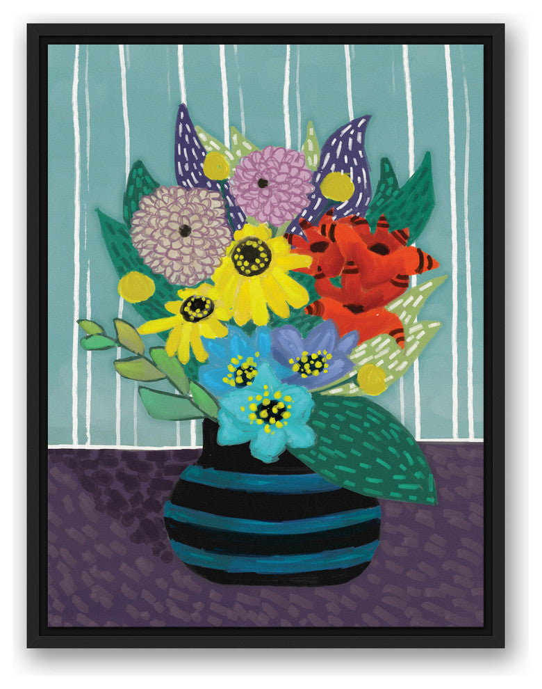 Colorful Flowers in Teal Striped Vase 18x24 Black Floating Framed Canvas
