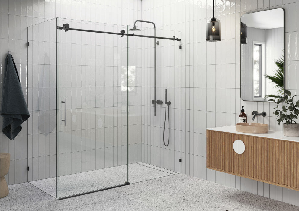 64"-68"x36"x78" Frameless Sliding Shower Door With Return Panel, Matte Black