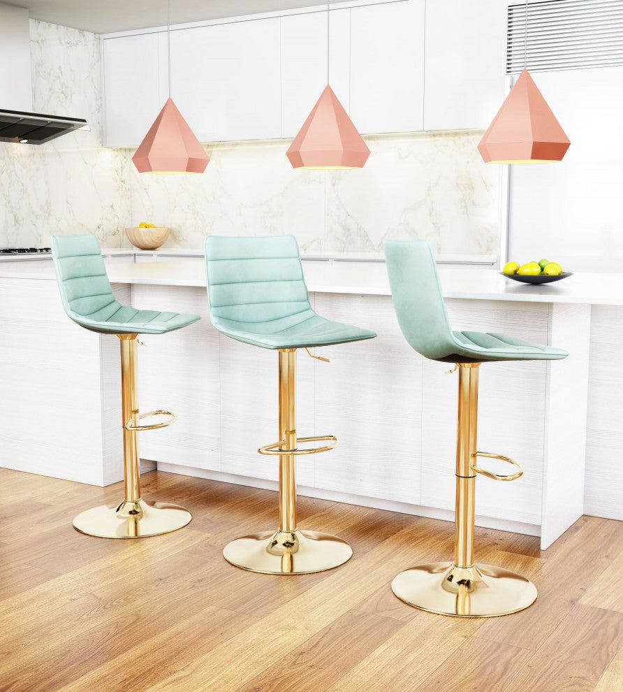 Bar Stool Chair Barstool, Steel Metal, Fabric, Green, Gold, Kitchen Cafe Bistro